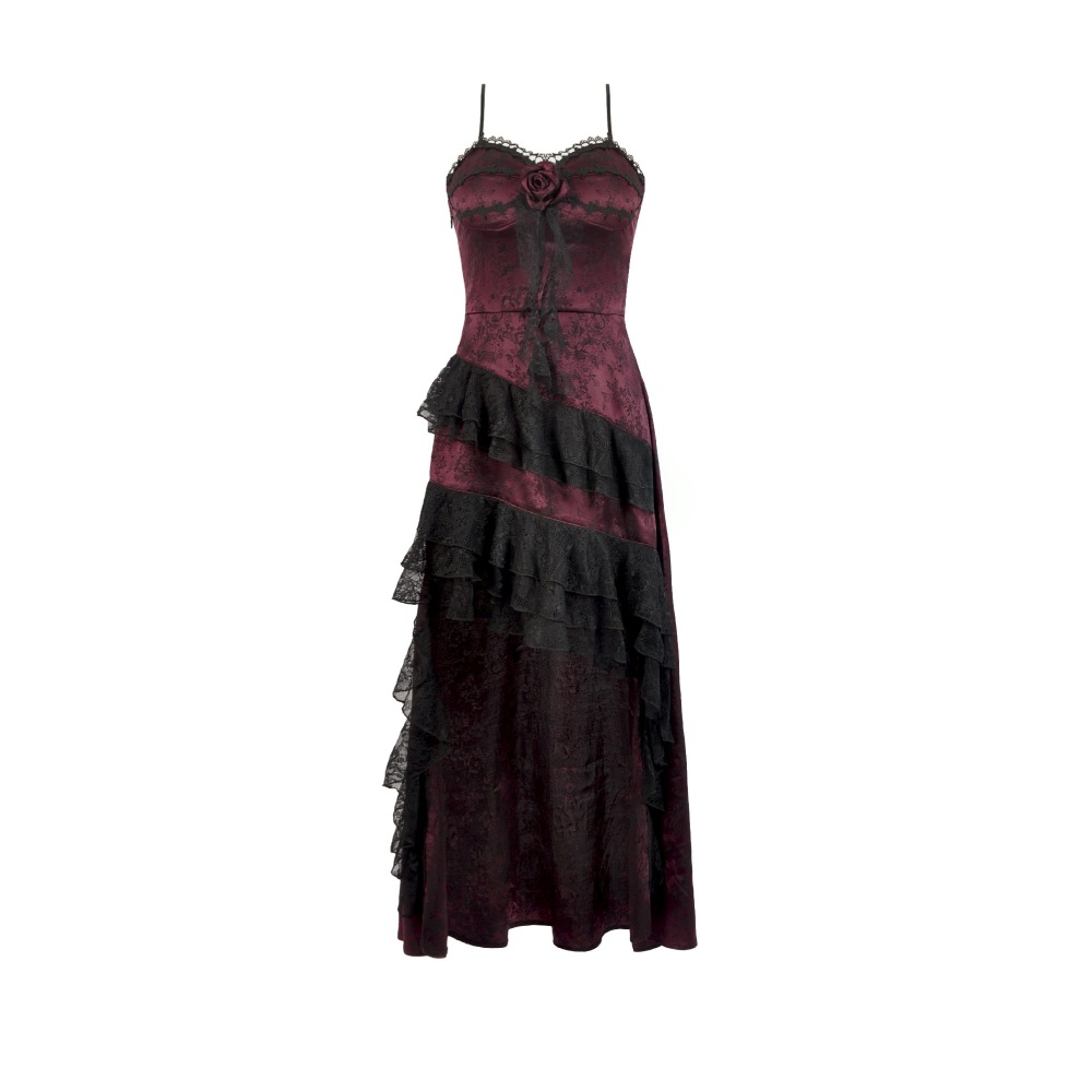 Dark in Love - Red Rose Asymmetric Layered Lace Ruffle Long dress - Black